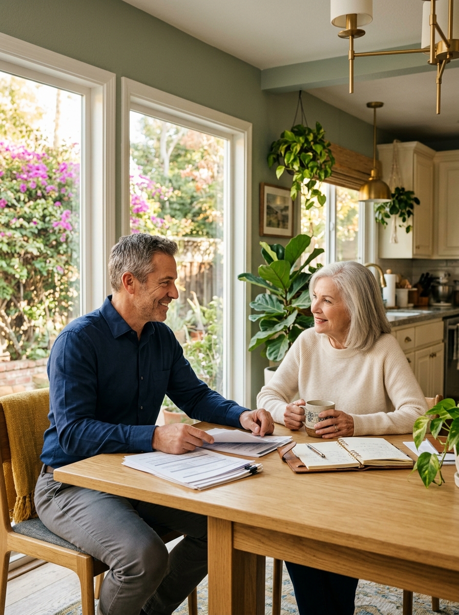 Christophe — Senior Advisor at The Helper Group — reviewing documents with a client at her Los Angeles home